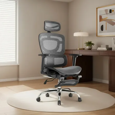 Cadeira De Escritório Ergonômica Mônaco Bt07 Luvinco Malha Respirável Com Suporte Lombar Adaptável Apoio Para Pés Retrátil Encosto Ajustável Seis Posições Cor Preta Suporta 200kg Preto