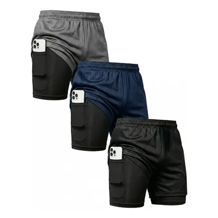 Kit 3 Shorts 2 Em 1 Duplo Bolso Para Academia Treino Corrida