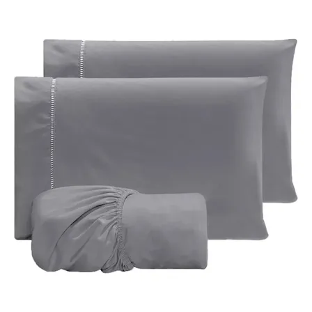 Jogo De Lençol Queen Micropercal 400 Fios Sofisticado 3pç Cor Cinza Desenho Do Tecido Liso