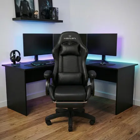 Cadeira Gamer Preto Healer Level Reclinável Com Apoio Pés Couro Sintético