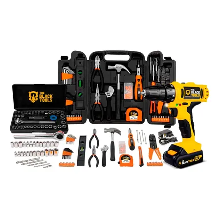 Jogo De Ferramentas 169 Peças Com Maleta E Furadeira Parafusadeira Sem Fio A Bateria Tb-12e 12v 3/8 10mm The Black Tools