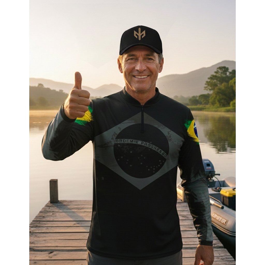 Camisa Pesca Masculina Brasil Proteção Solar 50+ Tecido Térmico Fresco Confortável
