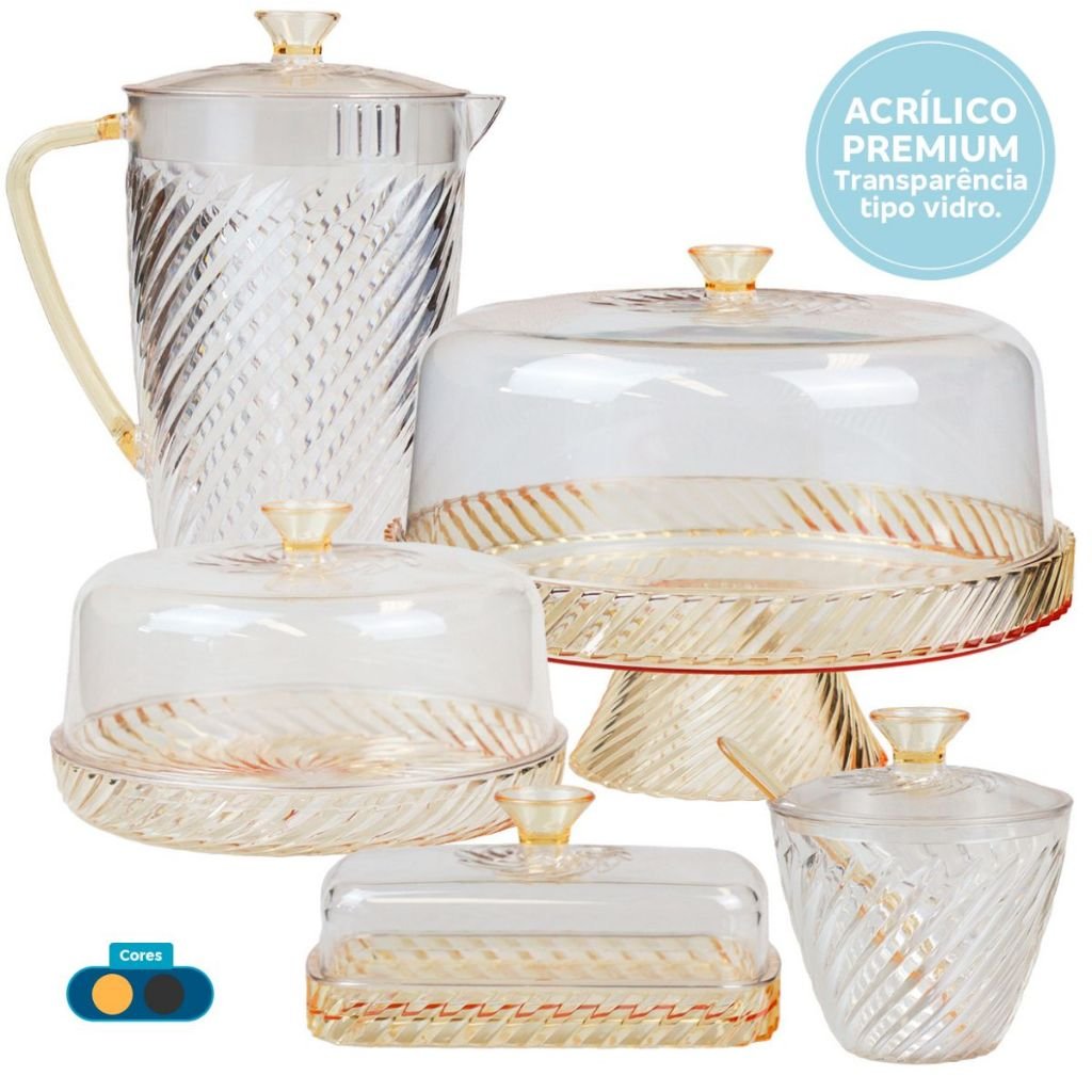 Kit Boleira Alta + Queijeira + Jarra 2 Litros + Manteigueira + Açucareiro Em Acrílico Resistente