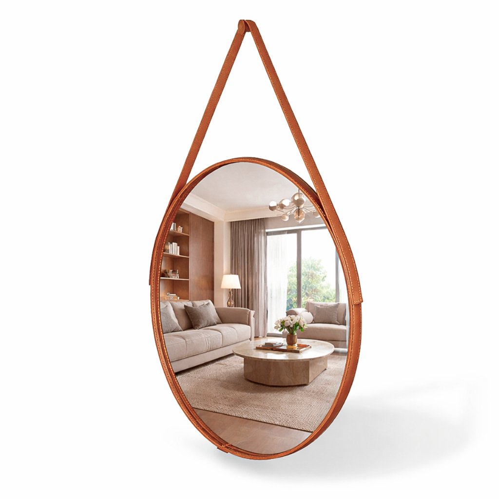 Espelho Redondo Decorativo Adnet Alça Couro Suporte 60cm 50cm 40cm 30cm Sala Quarto Banheiro Hall