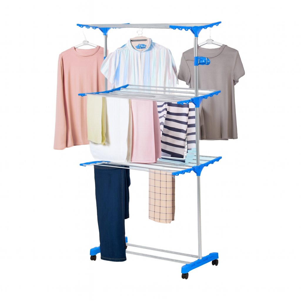 Varal de Chão 3 Andares Com Rodinhas Dobrável Compacto Vertical Portátil Multifuncional Lavanderia