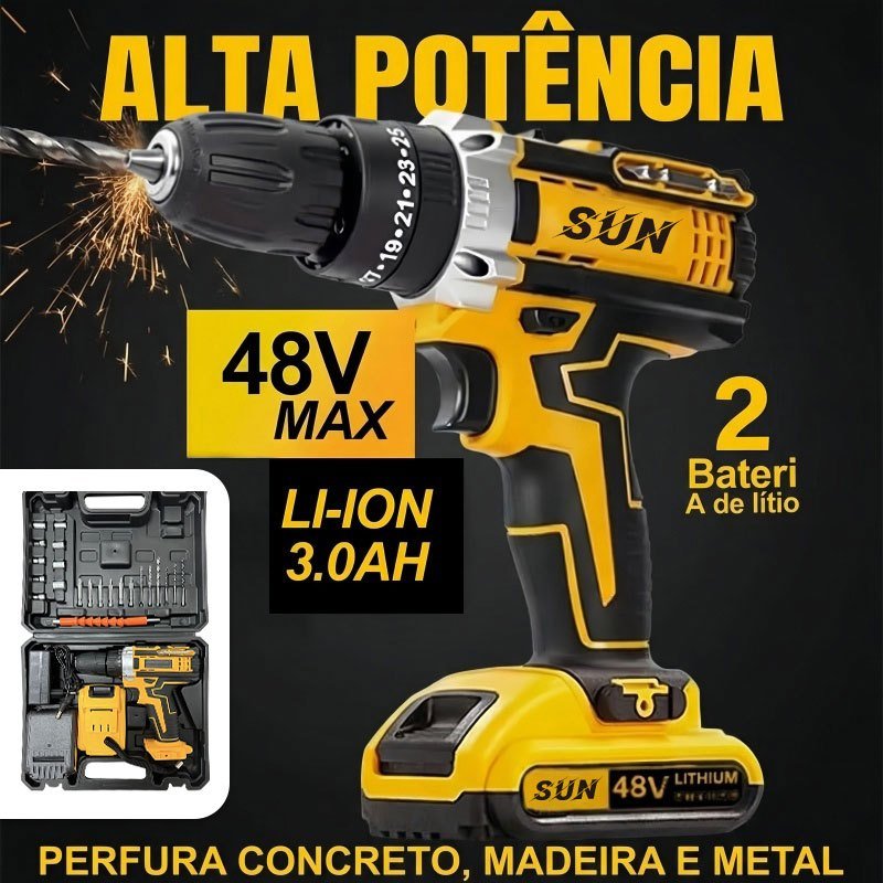 Parafusadeira Furadeira de Elétrica Sem Fio Impacto 48V Bateria Com Maleta e Acessórios Completo