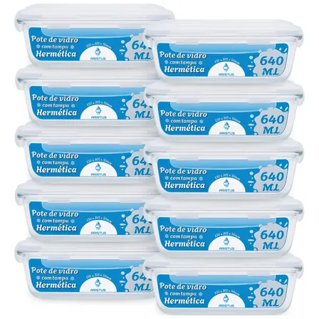Kit 10 Potes Herméticos Vidro Aristus 640ml 4 Travas Cozinha Branco