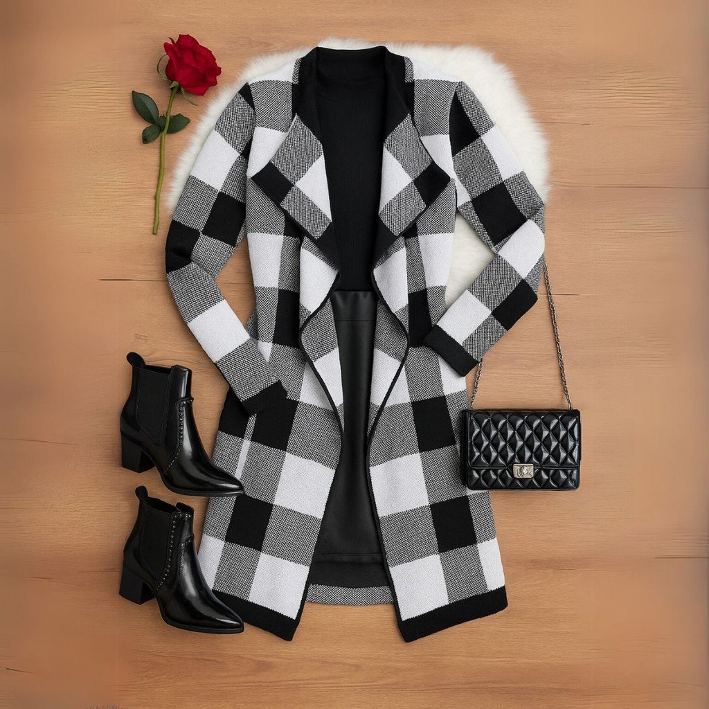 Cardigan Xadrez Casaco Kimono Sobretudo Tricô Moda Inverno Elegante Feminino Frio Lã Boho