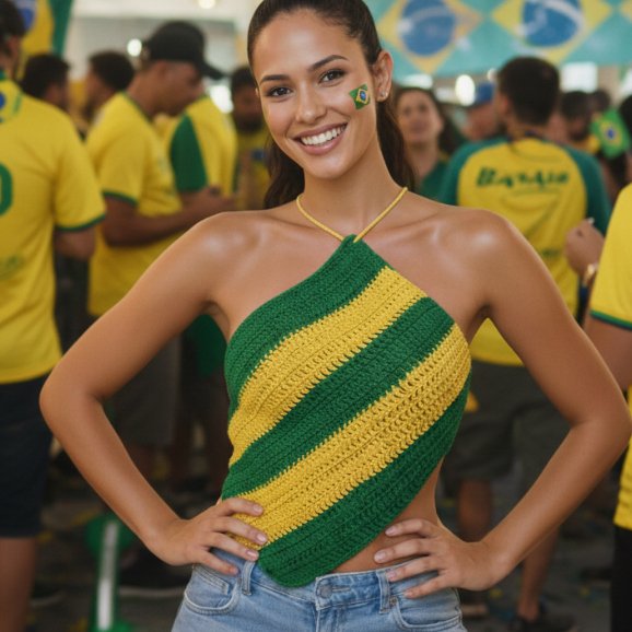 Cropped Feminino Listrado Crochê Brasil Frente Única Blusa Feminina Estilosa Copa Verão