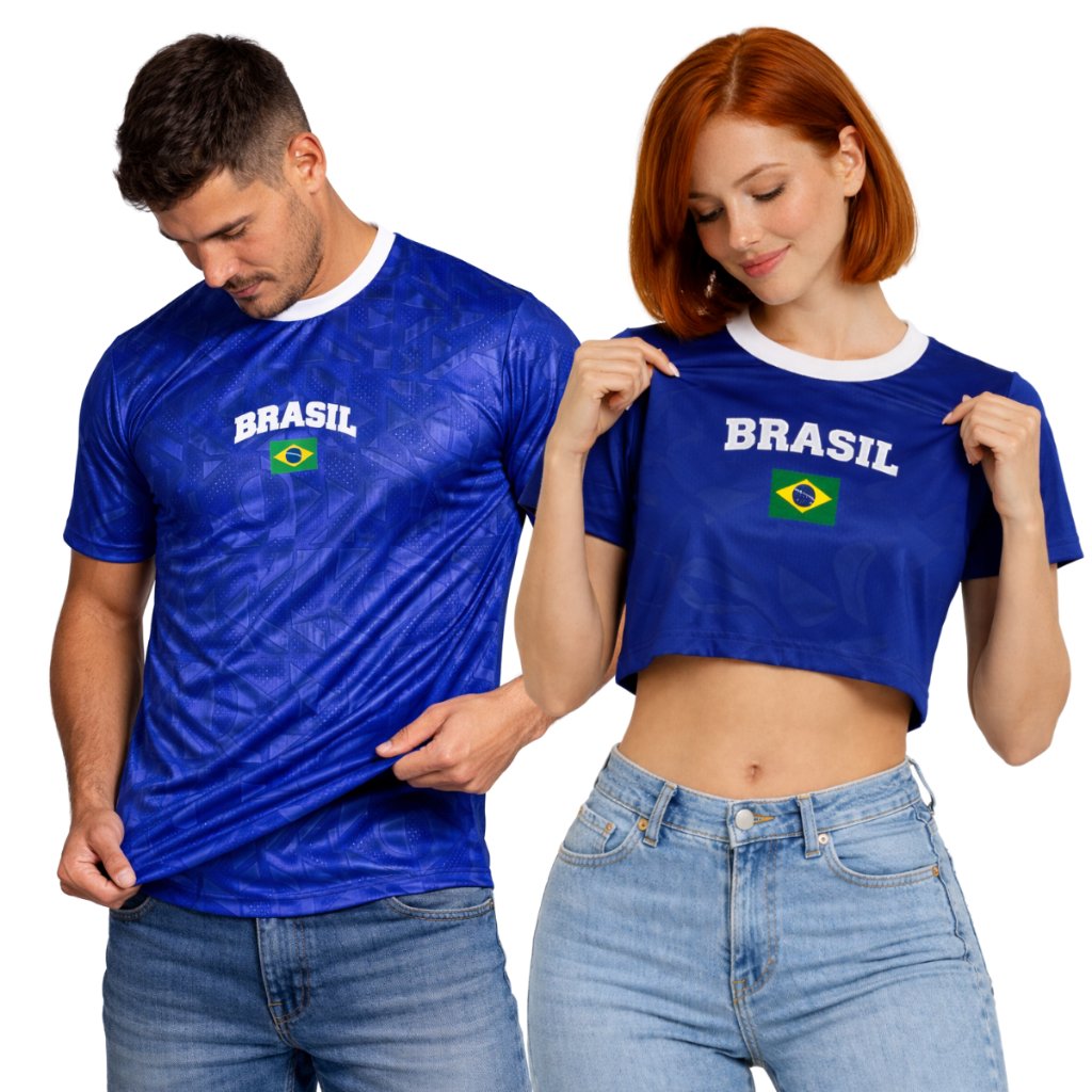 Kit Camiseta Masculina do Brasil e Crooped Baby Look ou Regatinha Feminina do Brasil Casal Brasil